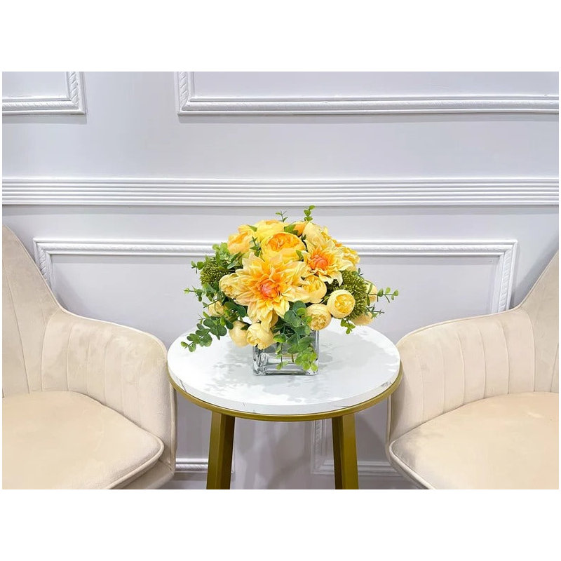 Faux Peony Floral Arrangement In Square Glass Vase
