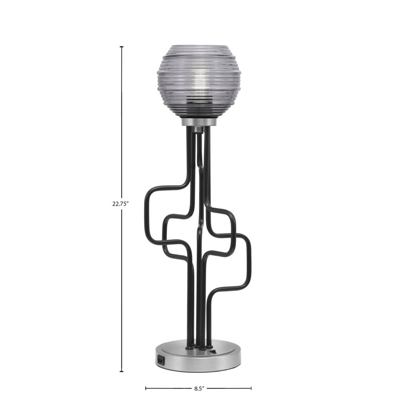 Lampe d'appoint Amarmula, avec ports USB, finition noir mat et graphite, verre strié fumée de 6 po, Argent argent
