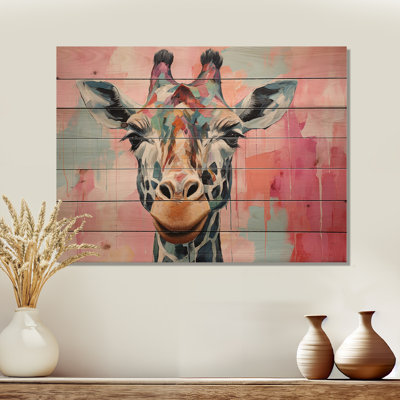 Brown And Pink Giraffe Portrait - Giraffe Animal On Wood Print