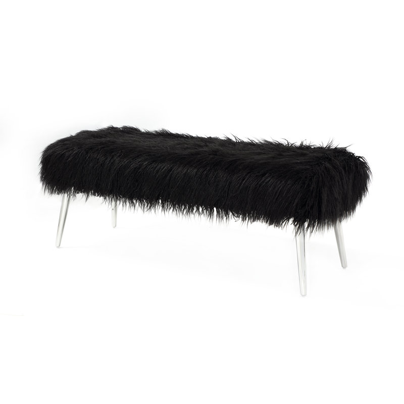 Kenzie Upholstered Bench - Lammy Faux Fur Upholstered Bench – Modern Ivory Sherpa Accent Bench with Metal Legs for Bedroom, Entryway, or Living Room - Black Bench