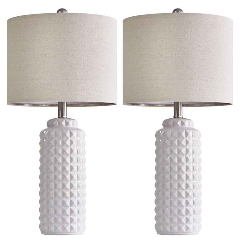 White Ceramic Table Lamps with Beige Linen Shades, Set of 2