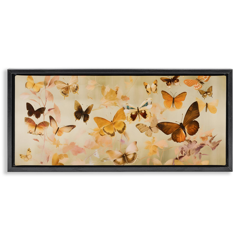 «Neutral Butterfly Array», encadré doré sur toile flottante par Petal Prints Design, H 11 po x l 25 po, Noir
