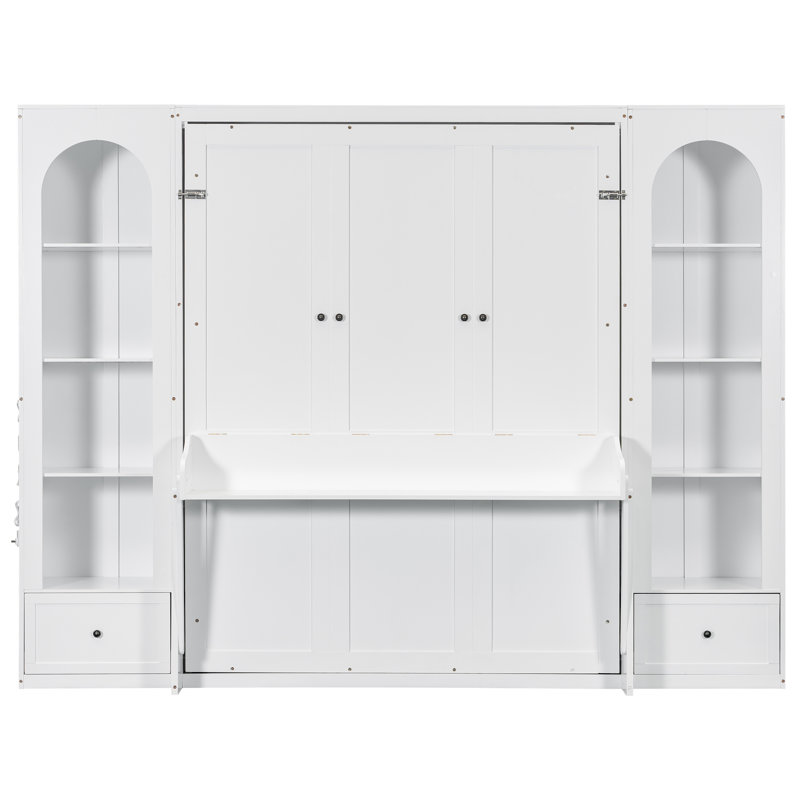 Grand lit escamotable, lit plateforme pliant avec armoires latérales, tablettes de rangement, tiroirs et bureau à DEL, blanc