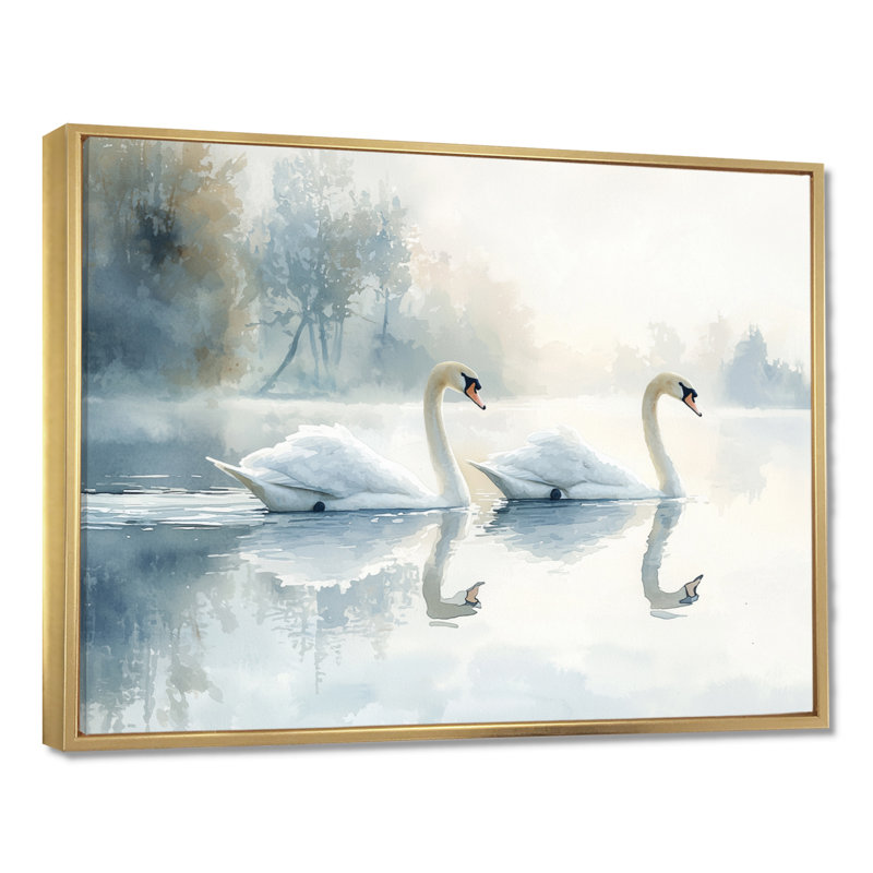 «Drizzt Tranquility Swans On The Lake III», art mural oiseau, H 34 po x l 44 po, Cadre flottant, Doré
