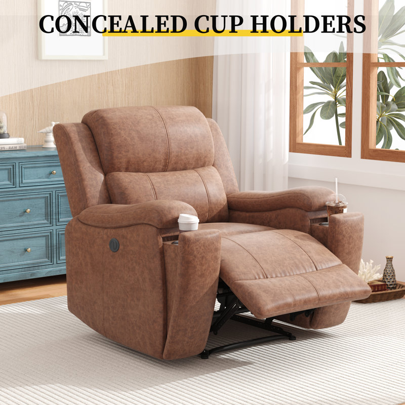 37'' Vegan Leather Power Recliner with Invisible Cup Holders, Brown