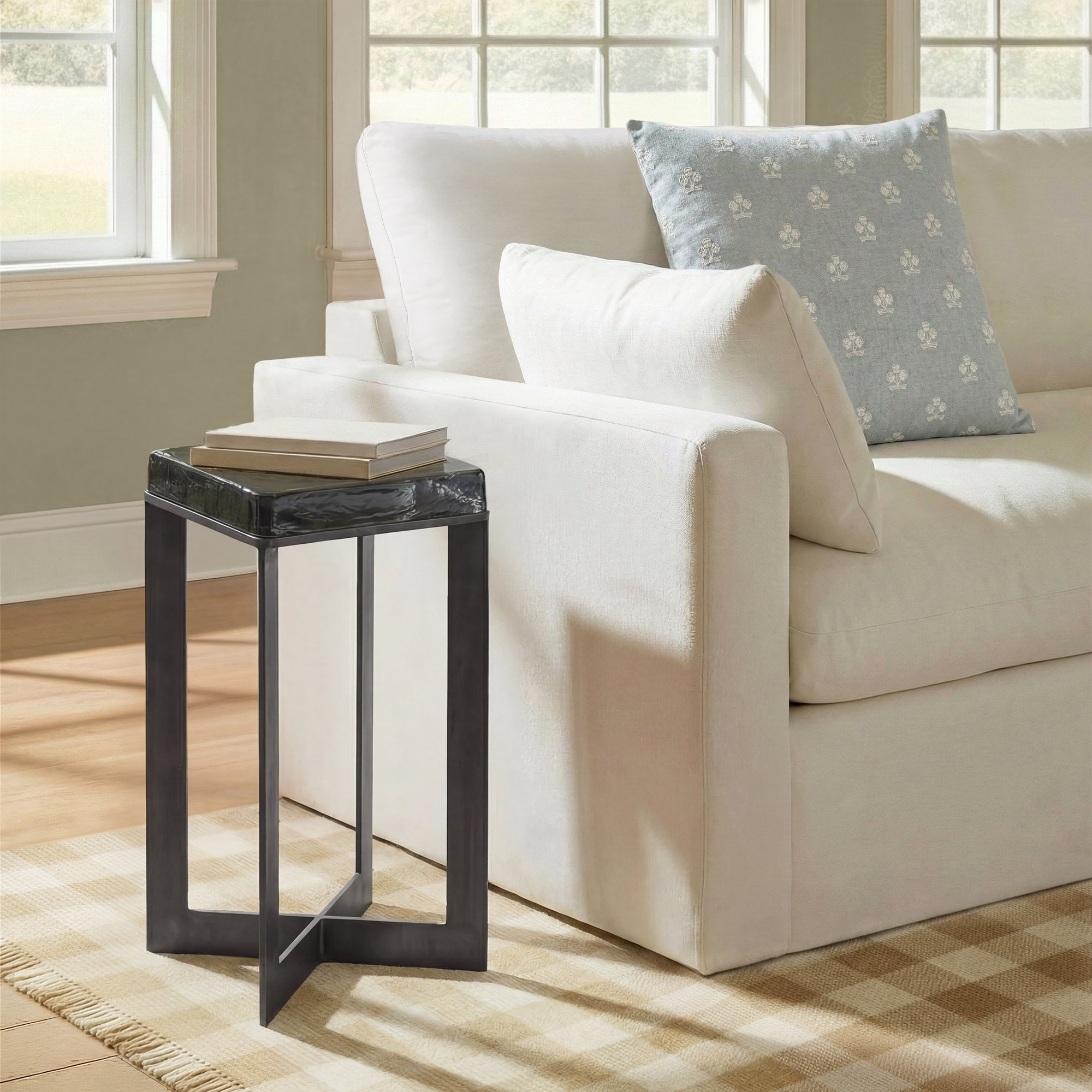 Alexzis Cast Glass End Table-Clear Cast Glass, Clear, Dark Brass