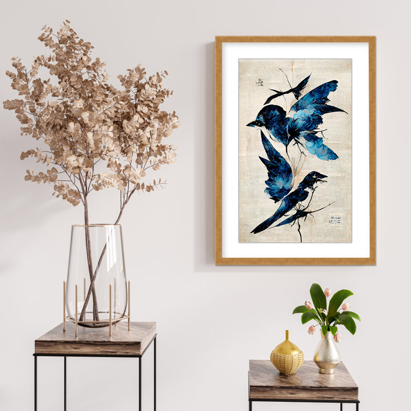 Nature Inspired Blue Birds, 24" H x 16" W x 1.125" D, Gold, Framed Matted Print