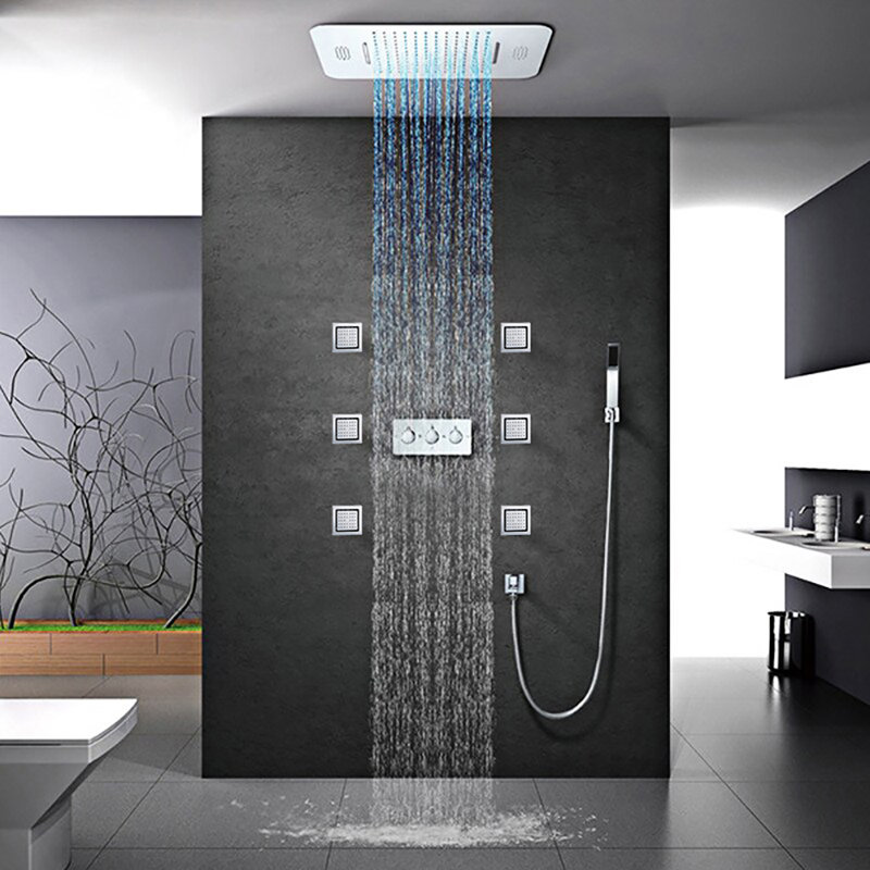 Pomme de douche à fixation au plafond en chrome imperméable avec mélangeur et massage Juno