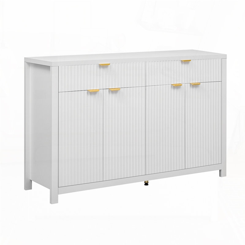 Modern Wave-Pattern Console Table with 2 Drawers and 4 Doors, White