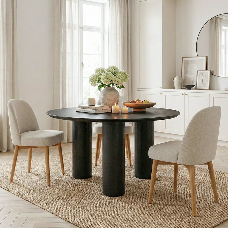 52" Round Solid Oak Wood Dining Table with 3 Sculptural Pillar Legs, Black