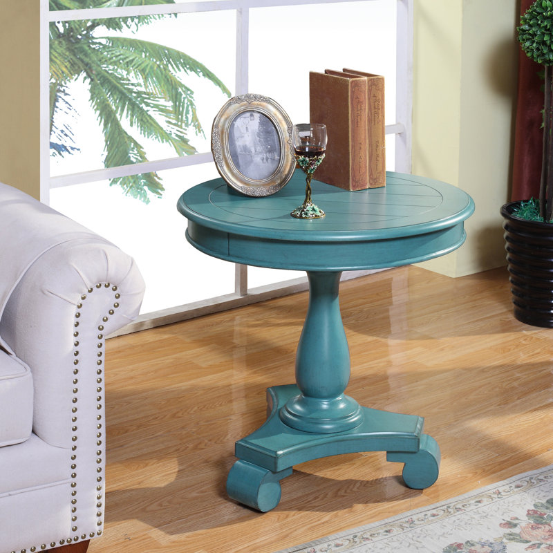 Table d'appoint sur pied bleu sarcelle - Style élégant, 66 cm x 67 cm, structure en bois raffinée, hauteur 67 cm, largeur 67 cm.