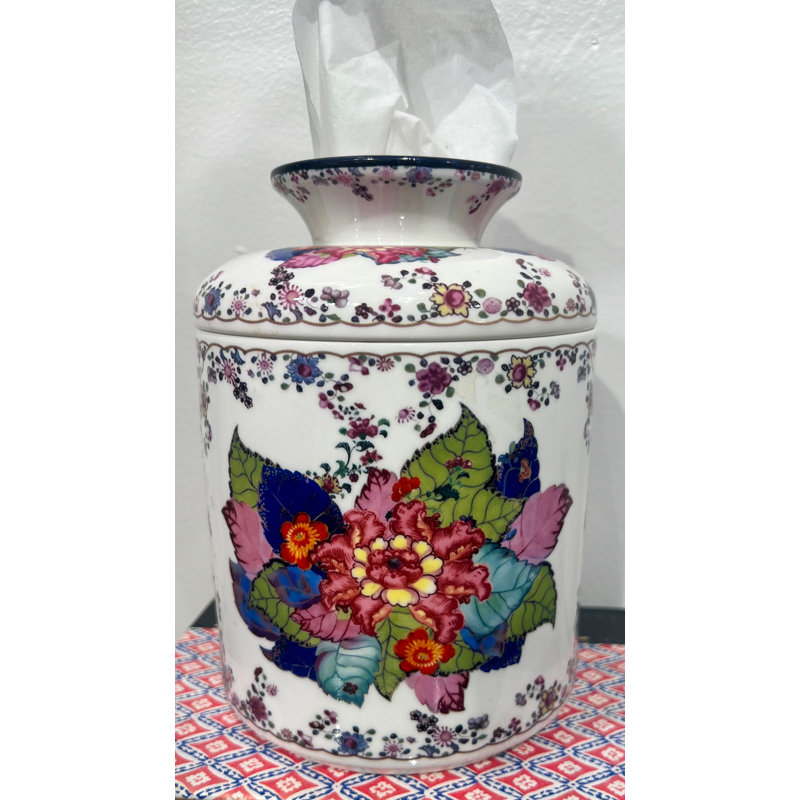 Boîte à mouchoirs en porcelaine rose / blanc / vert