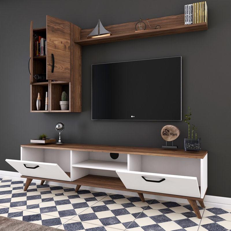 Husnu Entertainment Center for TVs up to 55", White/Walnut/Black, 1 TV Stands, 1 Middle Shelf and 1 Wall Cabinet