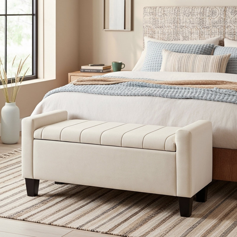 Jade Upholstered Ottoman Storage Bench, Beige