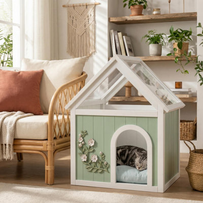 Maison pour chat d'intérieur en bois massif avec toit transparent, lit décoratif pour petits animaux sculpté à la main, vert sauge