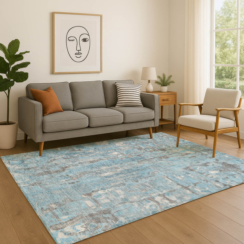 Premium Machine Washable Mayfield AMF2120 Abstract Rug, Denim, 3' x 5'