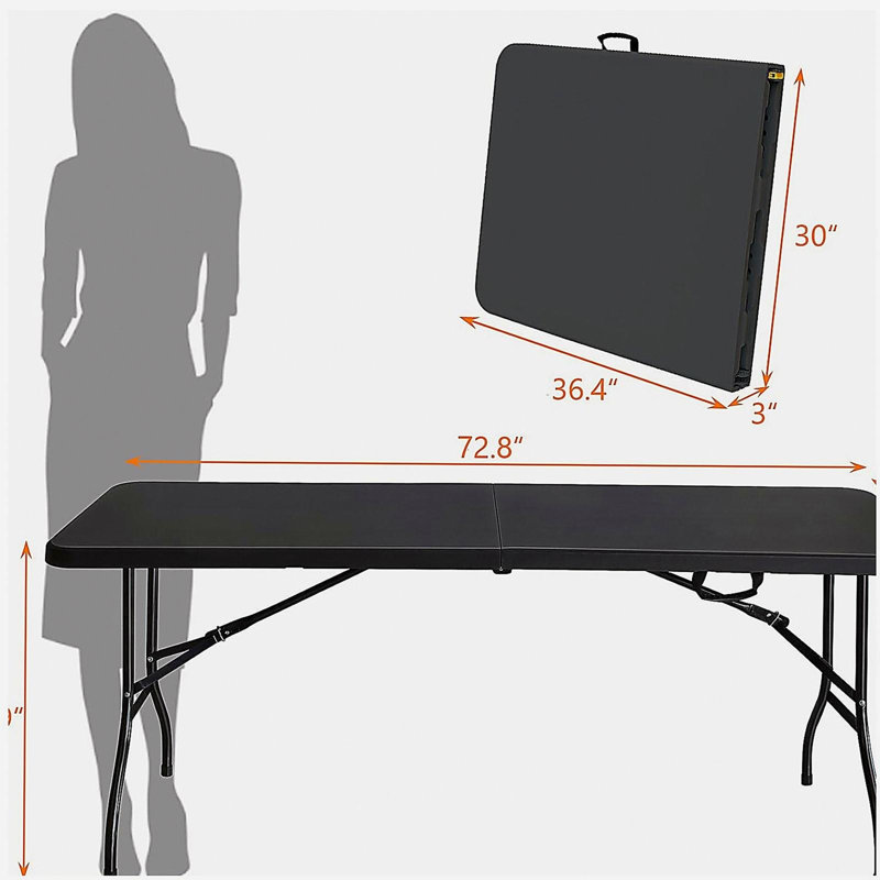 Table pliante 6 pi, table en plastique portative pour le camping, les pique-niques, les fêtes, table pliable à port élevé noir