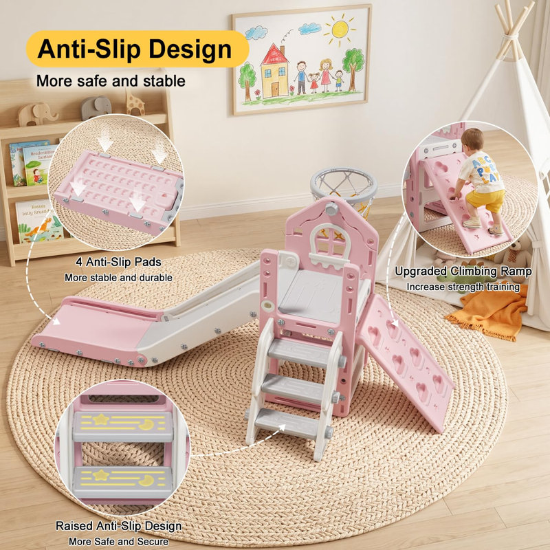 6-in-1 Toddler Slide Indoor Outdoor, Baby Slide Playset with Climber, Basketball Hoop & Storage, L-Shaped Kids Slide for Ages 1-3