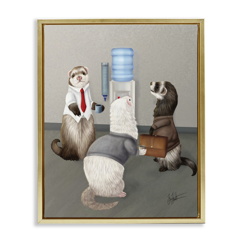 "Office Ferrets Water Cooler Brown", encadrée par Floater, Cadre flottant métallique doré, H 21 po x l 17 po