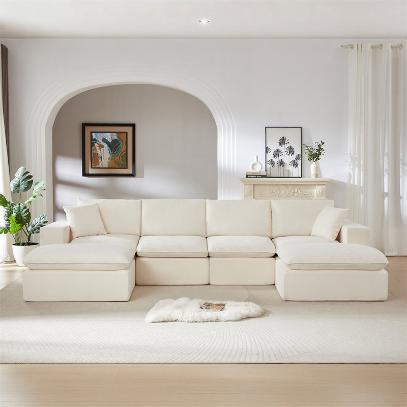 137.79" U-Shaped Sectional, White Chenille