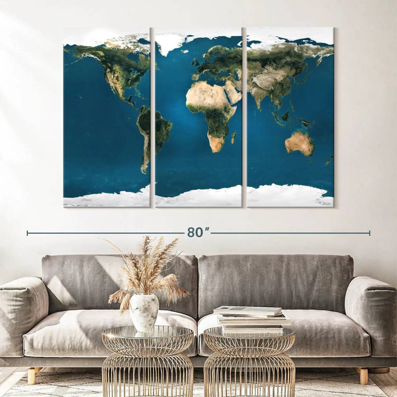 Ensemble de carte du monde sur toile 3 pièces, H 42 po x l 65 po x P 1,25 po