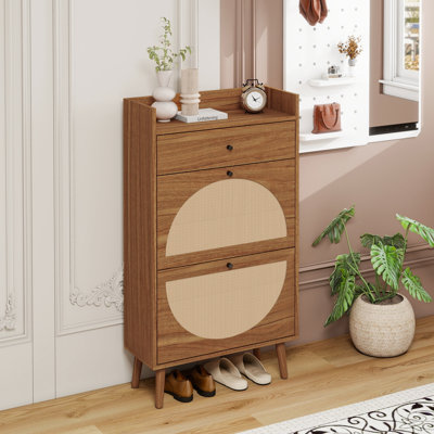  Armoire à chaussures en rotin avec tiroir, étagère à chaussures mince à 2 portes, rangement pour hall d'entrée, noyer