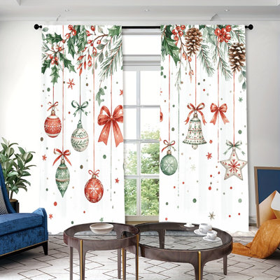 2 pièces de rideaux filtrant la lumière de style ornements de Noël avec des houx, des pommes de pin, un motif d'étoile en forme de cloche, des fêtes, une conception de poche à tringle facile à suspendre, une décoration de chambre à coucher toutes saisons