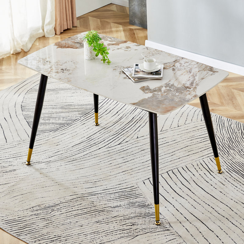 Tishona Faux Marble Top Metal Base Dining Table, Brown/Beige