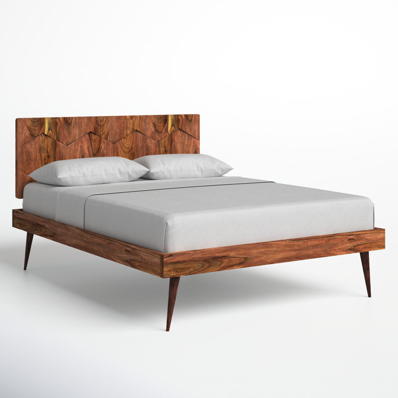 Queen Sheesham Wood Platform Bed with Geometric Headboard