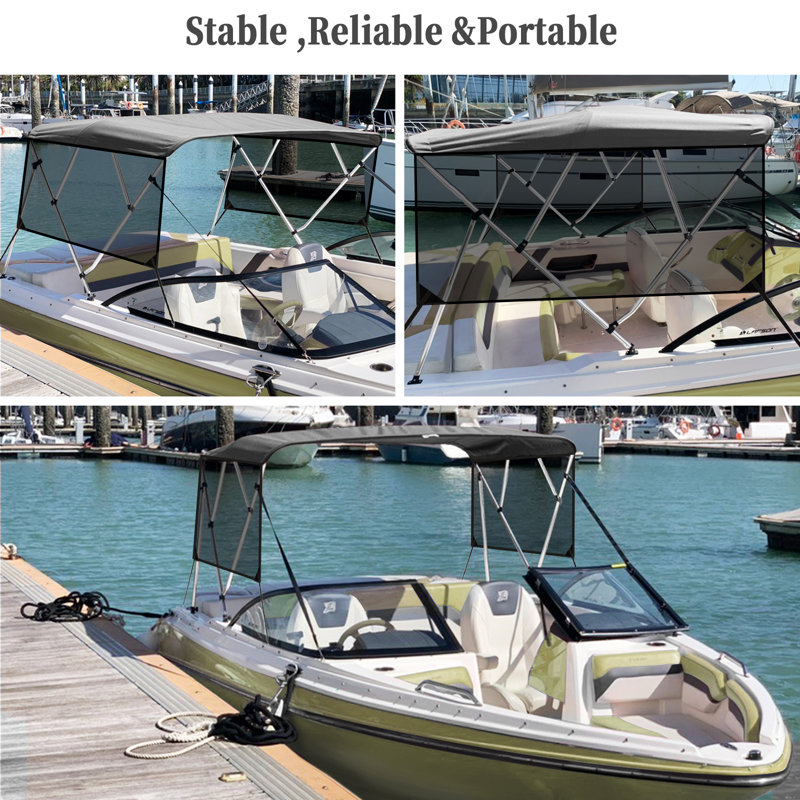 Dessus de bateau à 4 arches de l 96 po x H 54 po: toile de polyuréthane marine 600D, rideaux latéraux translucides à fermeture à glissière, structure en aluminium de 1 po, soleil imperméable (version rideau latéral translucide)