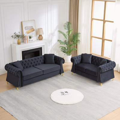 Canapé Chesterfield en velours, canapé combiné 3 + 3 places, dossier capitonné et accoudoirs et accoudoirs arrondis roulés, garniture cloutée sur les accoudoirs, pieds élégants en métal, 2 coussins décoratifs pour le salon, appartement
