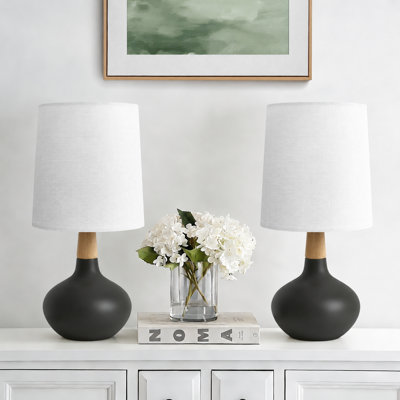 14'' Ceramic And Wood Modern Table Lamp - Small Accent Table Lamps for Bedroom Bedside/Nightstand, Living Room & Desk