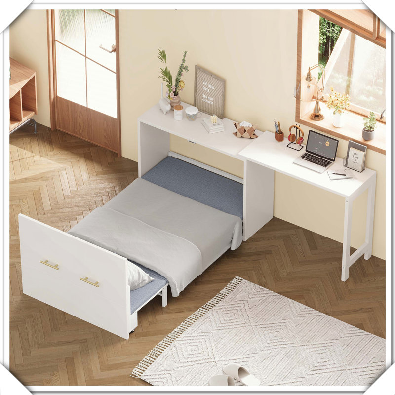 Murphy Cabinet Bed Adjustable Desk Foldable Cushion Small Space Multifunctional Decor,Twin, White