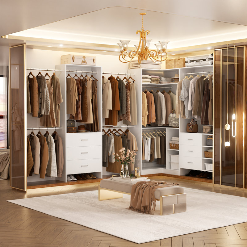 63.1‘’ - 108‘’ W Closet System with Wooden Drawers and Hanging Rods(Cut to Suit), White