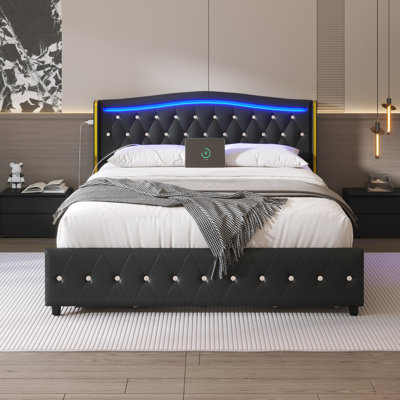 Full Upholstered Platform Bed with 4 Storage Drawers, Bed Frame with Wingback Headboard, RGB LED Lights & Charging Station, Easy Assembly, Black