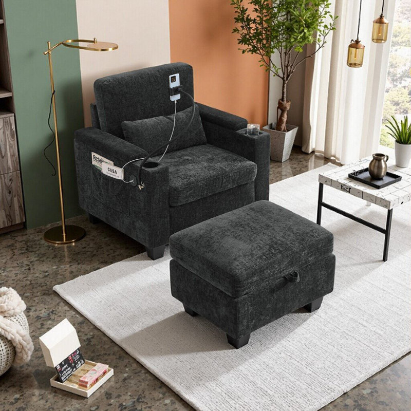 Fauteuil inclinable manuel avec repose-pieds, port de charge USB, porte-gobelets et rangement caché, Noir