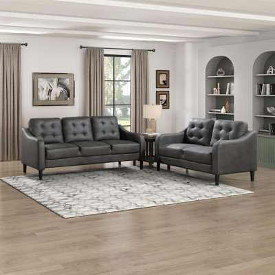 Ronnee 2pc Sofa Set, 2-Seat Loveseat and 3-Seat Sofa, Microfiber Upholstered Sofa Loveseat Set Button-Tufted Contoured Arms Solid Wood Frame -  Red Barrel Studio®, CF1FA8BB175C44F79D7CC4B4D8A0196D