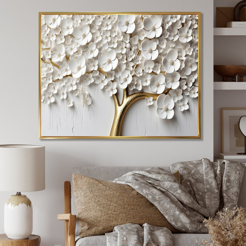 Orchidée blanche dans un jardin de branches I - reproduction sur toile (sans texture) , H 12 po x l 20 po, Cadre flottant