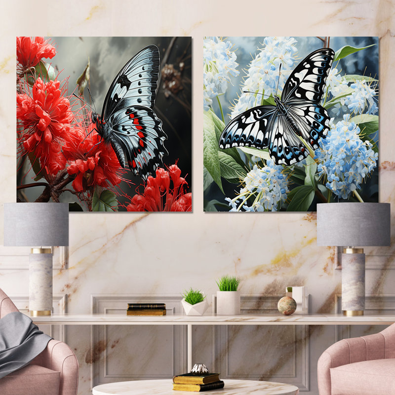 «Pink Black Butterfly Haven», 2 pièces, H 36 po x l 73 po, Toile tendue