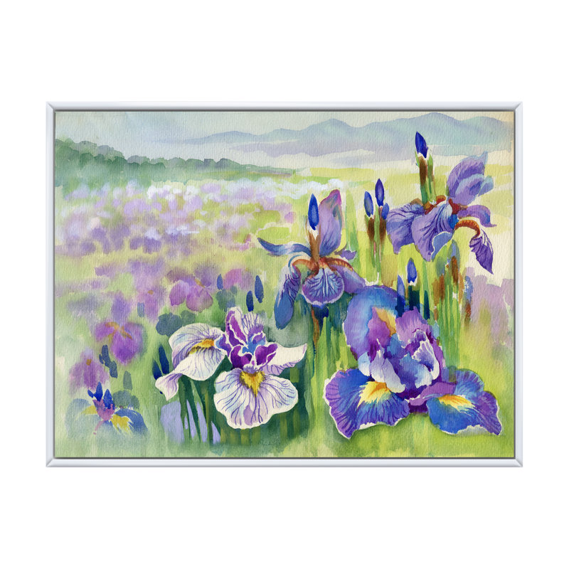 «Purple Iris Field In Summer», reproduction sur toile flottante, H 30 po x l 40 po x P 1,5 po, Cadre flottant blanc