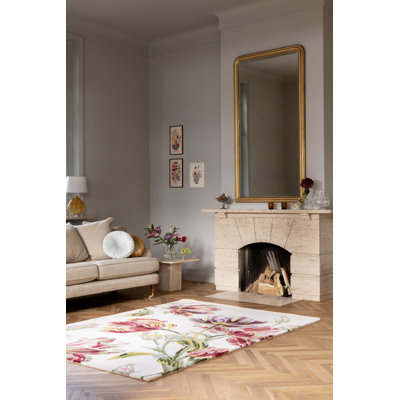Tapis floral beige en laine touffeté à la main