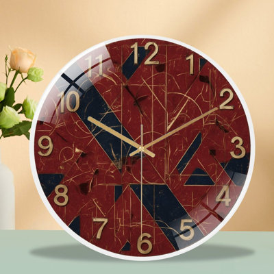 Geometric Red Blue Gold Clock Art - 12'' Modern Glass Wall Clock