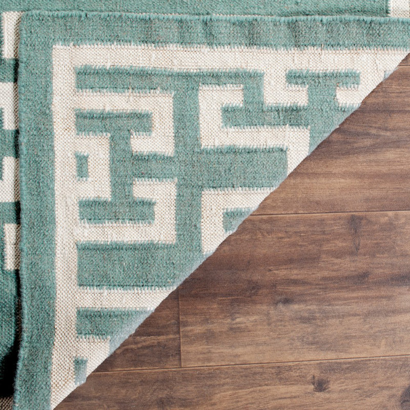 Rodgers Flat Weave Banana Silk/Wool/Cotton Geometric Rug in Seafoam/Ivory, Rectangle 6' x 9'