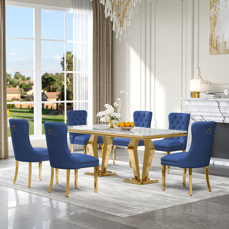 7-Piece Dining Table Set, Marble Veneer MDF Table with 6 Velvet Dining Chairs – Modern Dining Set for 6, White/Gold/Blue/Gold