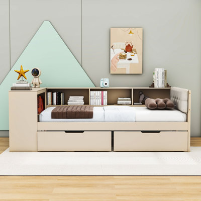 Northup Two Drawers Wooden Bed with Charging Station and Shelves