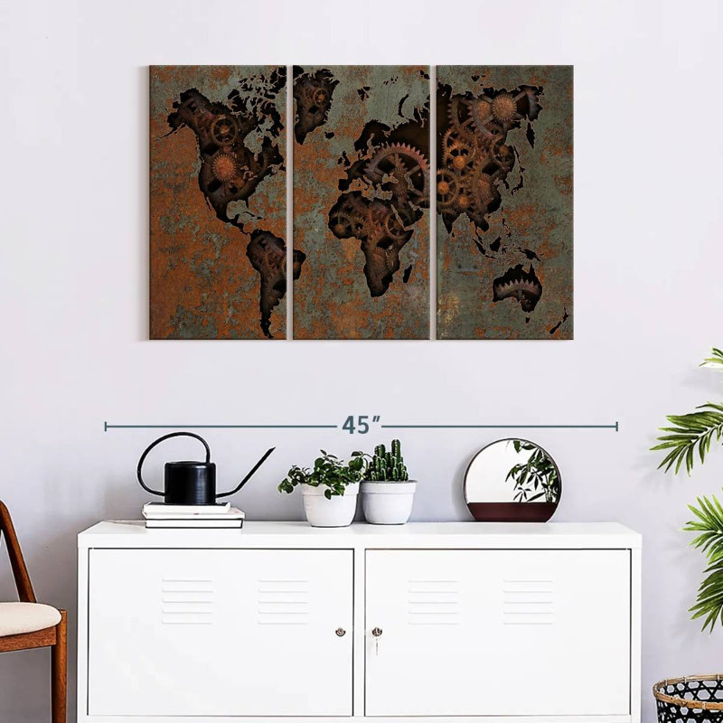 Ensemble de carte du monde sur toile Steampunk 3 pièces, H 24 po x l 38 po x P 1,25 po