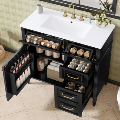 Meuble-lavabo de 36 pouces avec comptoir en céramique, structure en bois massif et armoire en panneau de fibres à densité moyenne, tiroir rabattable avec tablette réglable et poignées en métal, armoire de rangement autoportante (robinet non inclus)
