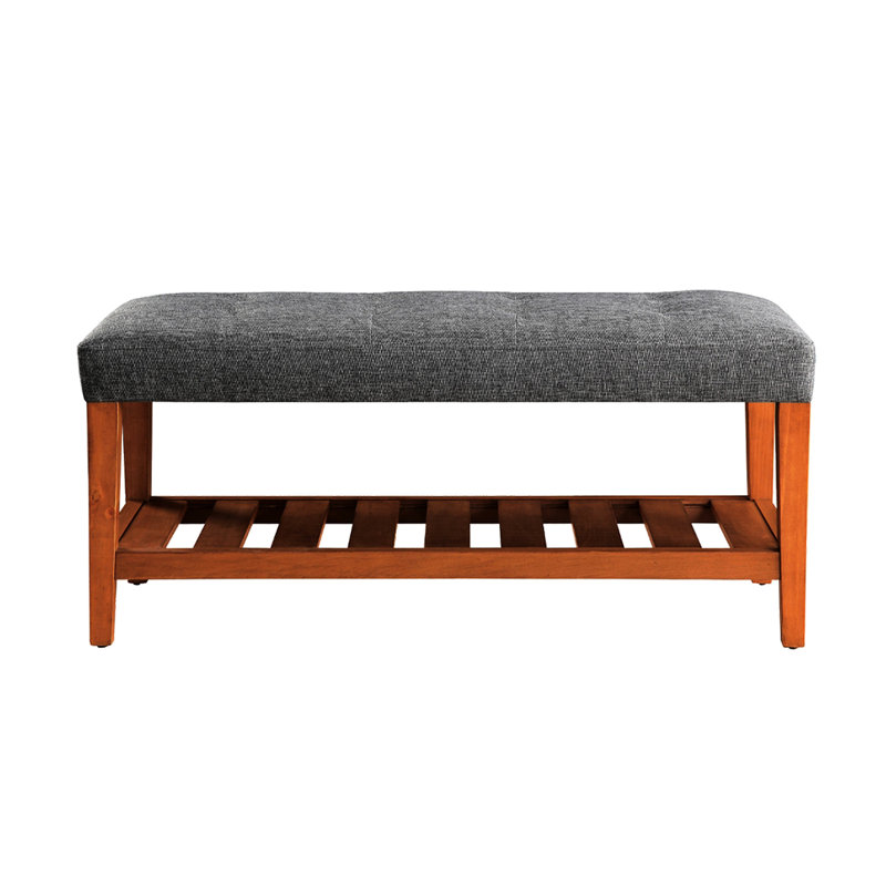 Banc en chêne et en tissu gris avec rangement ouvert, siège à dossier plein, revêtement, pieds fuselés en bois, 8 pouces, 40 pouces de long, rembourrés X 16