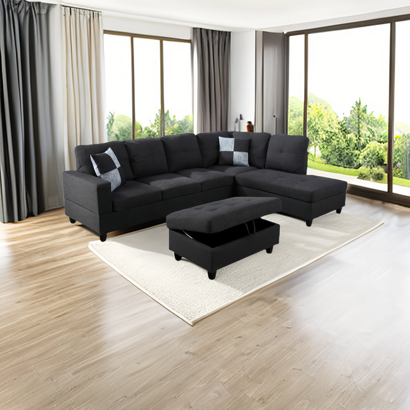 Canapé modulaire rembourré 3 pièces Quinnes, Lin gris foncé, Accoudoir à droite (vu de face)