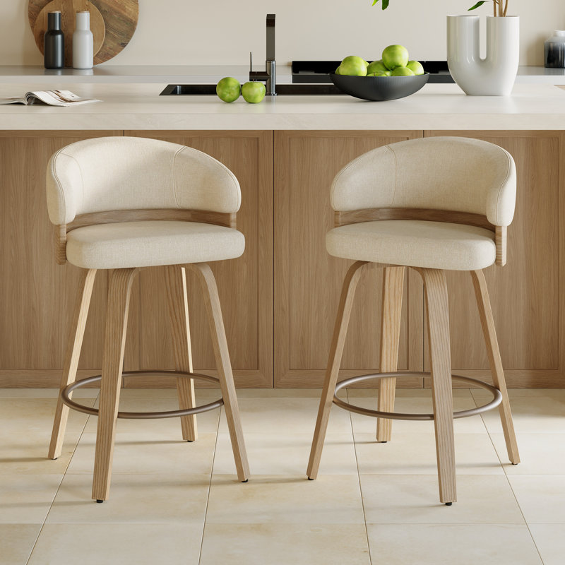 26'' Swivel Upholstered Counter Stool With Wood Frame, Beige Seat/Oak Frame 